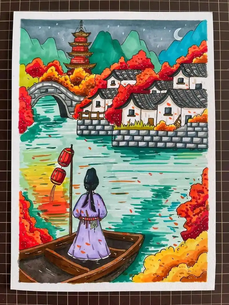马克笔山水画 中国风 - 抖音
