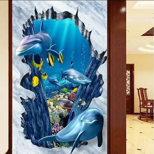 3d立体海洋海底世界主题鱼大型壁画儿童房卧室墙纸游泳馆海豚壁纸