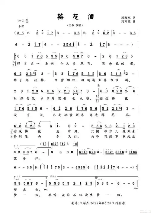 梅花泪(女声独唱)简谱 - 曲谱歌词网