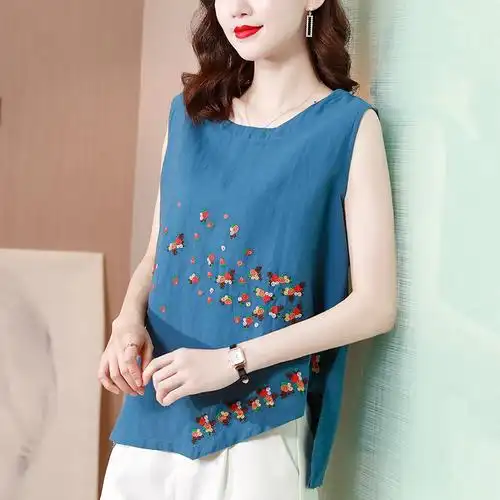 刺绣不规则棉麻吊带背心女士宽松上衣夏季新款外穿无袖t恤