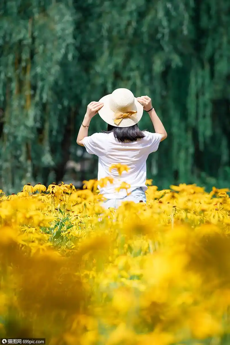花海女孩背影草帽写真