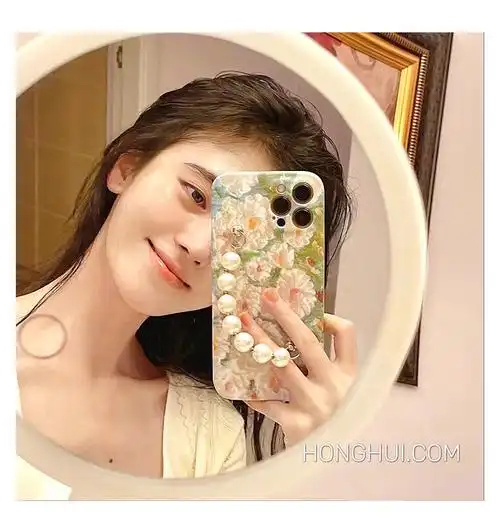 鞠婧祎同款手机壳鞠婧祎明星同款油画花朵珍珠链条适用iphone13promax