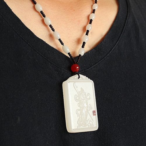 天然白玉武财神关公男士玉吊坠关羽玉牌玉石项链挂件玉坠 送男友