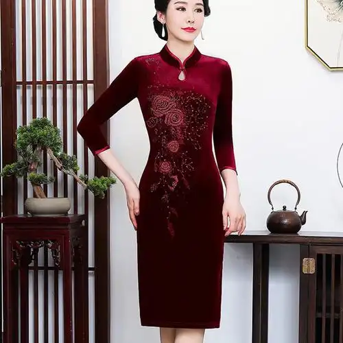 婚庆喜婆婆装春秋季丈母旗袍高贵洋气参加结婚礼妈妈婚宴连衣裙