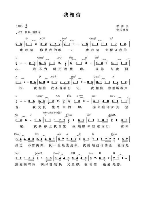 第629首-我相信(有情天音乐)和弦简谱曲谱,作者,分享平台来自乐谱吧!
