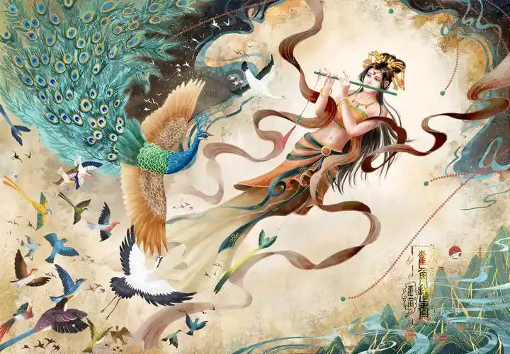 女子吹箫引得白鸟朝拜,一跃飞天成为仙女