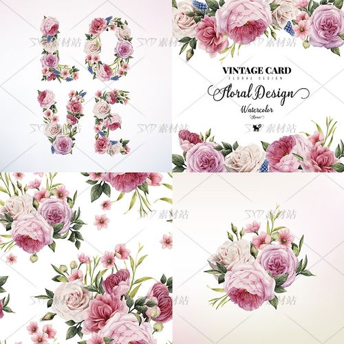 一组玫瑰花love花朵矢量与png免抠设计素材eps png