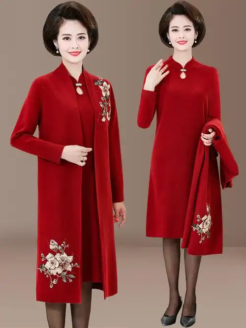 本命年红色女装时尚妈妈装衣服女虎年婚礼喜婆婆婚宴礼服秋冬套装