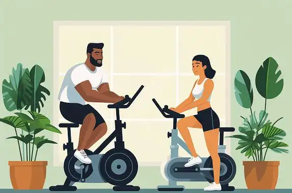 卡通手绘健身节插画健身房室内两人在动感单车上锻炼植物场景人物插画