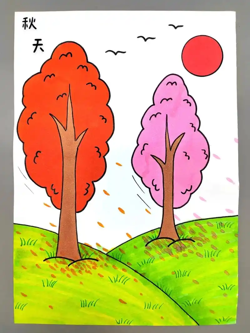 秋天风景画! 教你用简单的线条画秋天的风景,简单好看.快来试 - 抖音
