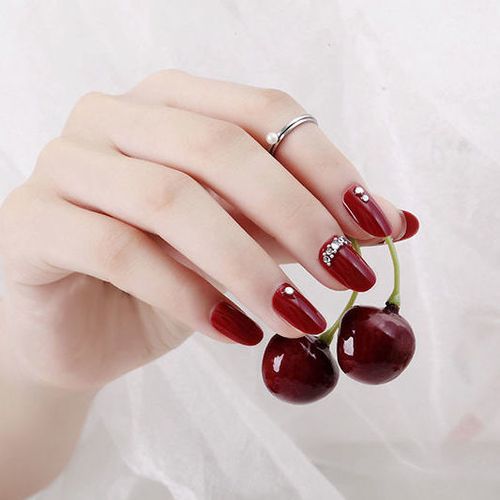 美甲贴片穿戴美甲片指甲成品车厘子色镶钻酒红显白网红社会抖音款