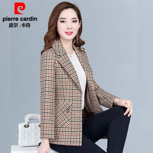 皮尔卡丹女装春秋薄款外套新款中年高端装洋气短款休闲小西装 千鸟格