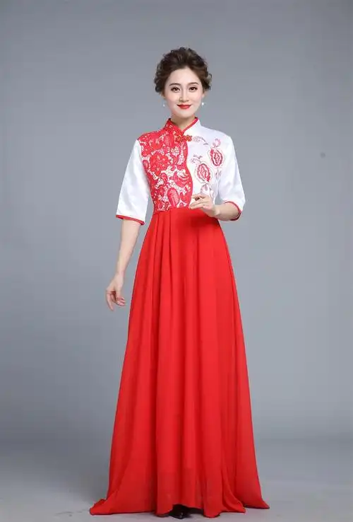 合唱团服装男女民族大合唱演出服中老年红歌比赛长裙民族服装