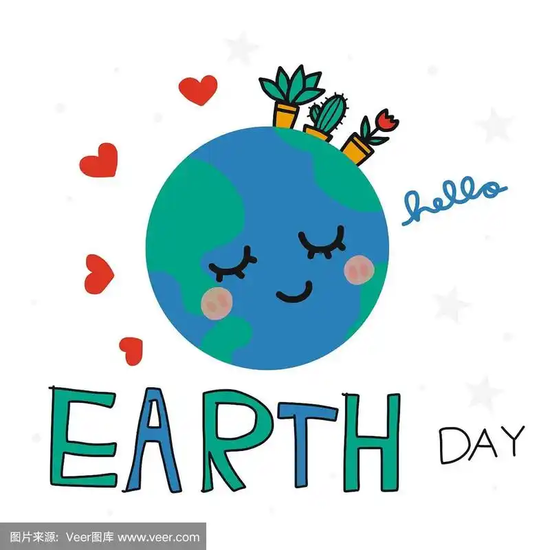你好地球日可爱的地球微笑卡通矢量插图涂鸦风格