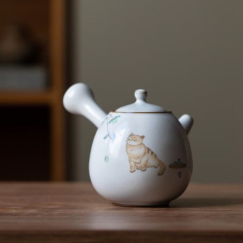夏茗堂(xiamingtang)猫咪汝窑茶壶陶瓷侧把壶家用功夫茶具套装复古单