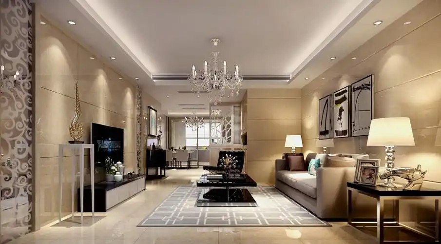 2017别墅现代客厅瓷砖背景墙装修效果图片