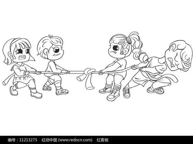 手绘人物卡通四个小朋友拔河比赛场景线稿图片_人物插画_编号11213275
