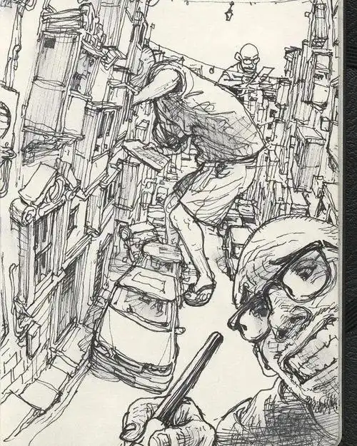 金政基的作品多为黑白单色速写默写创作,角色,场景,插画,漫画均有大量