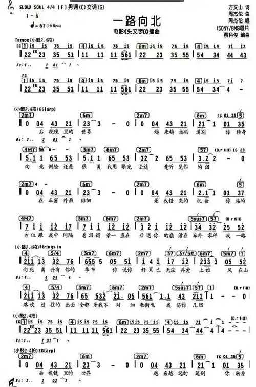 周杰伦演唱歌曲《一路向北》简谱