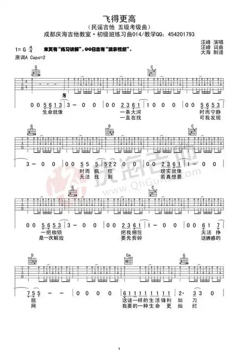 《飞得更高》吉他谱六线谱_原调a调_汪峰