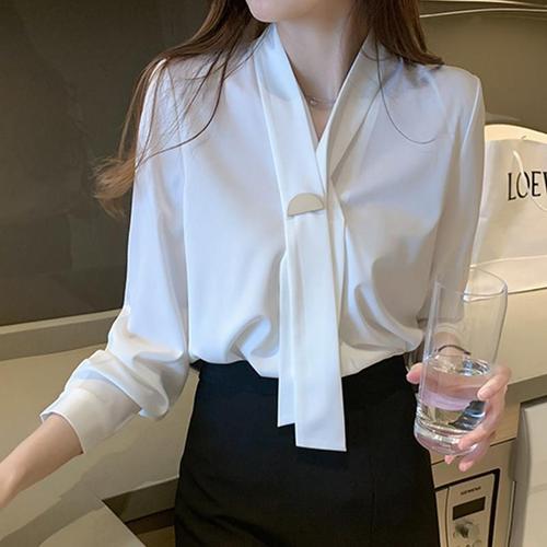 领结衬衫女设计感小众秋装2021新款职业ol白衬衣长袖韩版时尚小衫【14