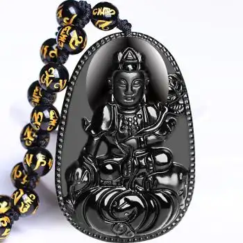 大绳普贤菩萨吊坠送客户属蛇本命年男女守护神实用蛇年天然黑曜石十二