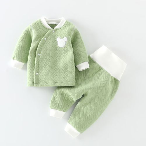 予彼婴儿分体衣服春秋外出季夹棉无骨两件装超萌可爱男宝宝打底 绿色