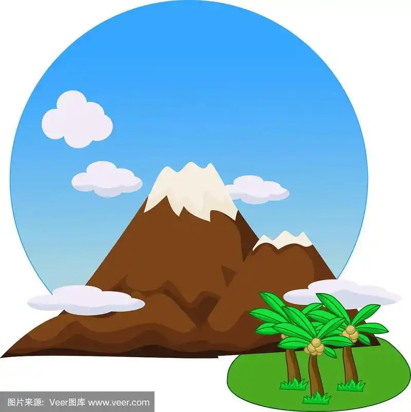卡通山在蓝天和椰子树