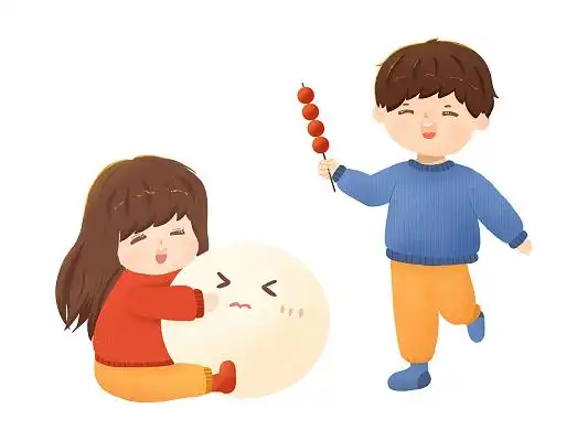 彩色手绘卡通小孩儿童吃冰糖葫芦汤圆冬至元素png素材