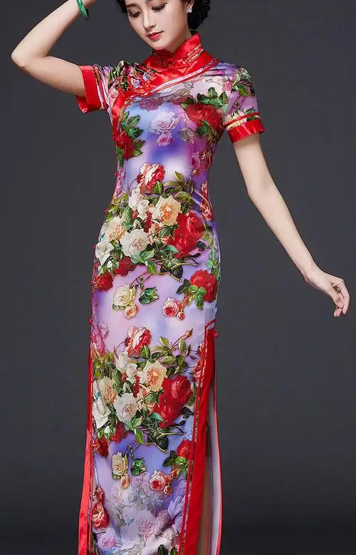 倾城粉黛优雅走秀端庄新款改良时尚真丝旗袍裙日常复古优雅修身