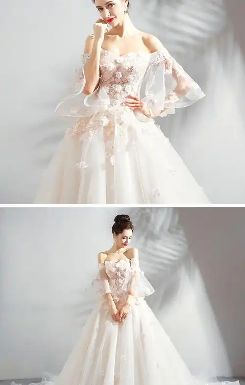 天使嫁衣 仙气十足 魅力重工花朵露肩新娘大拖尾婚纱礼服6166