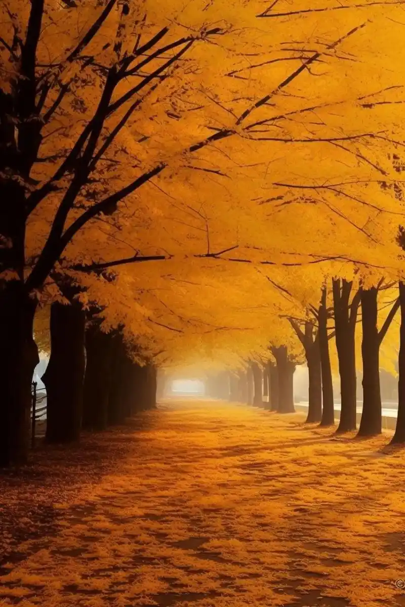 金色的秋天,两旁高大的银杏树铺满茂密的叶子,形成了一个绝美的 - 抖