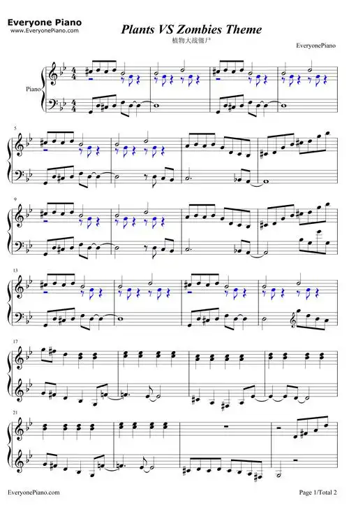 植物大战僵尸背景音乐钢琴版钢琴谱-未知-plantsvs.zombies1