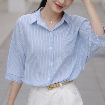 芬佧宾feoncabn春夏款条纹短袖衬衫女宽松休闲通勤职业气质百搭衬衣sw