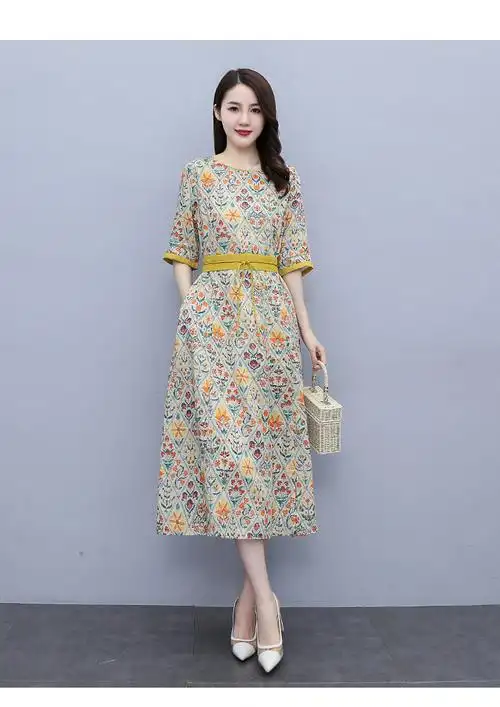 气质中长款裙子时尚休闲小碎花棉麻连衣裙女显瘦减龄新品图片色xxl