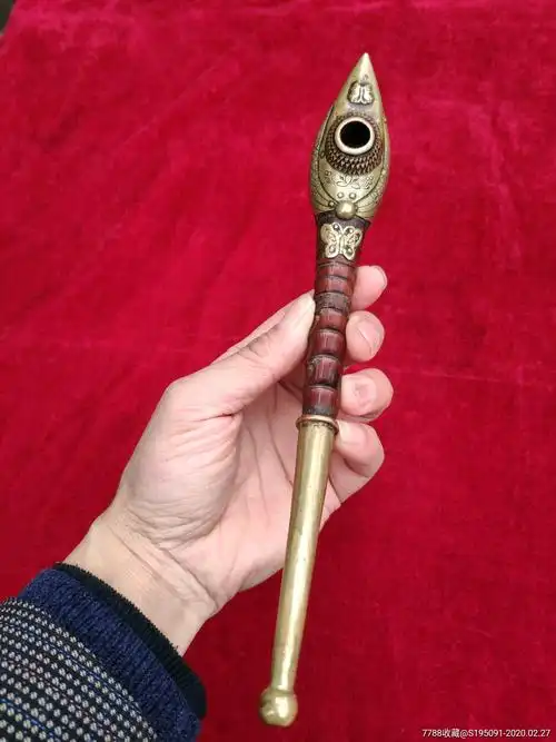 老烟斗古董包铜錾花竹烟斗
