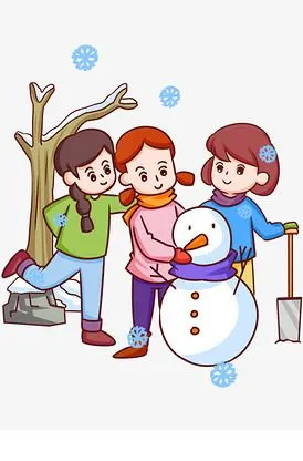 寒冷冬季堆雪人的小女孩插画