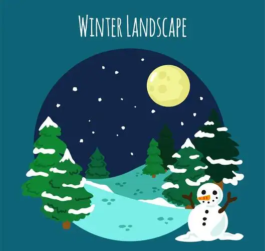 卡通冬季森林和雪人矢量图