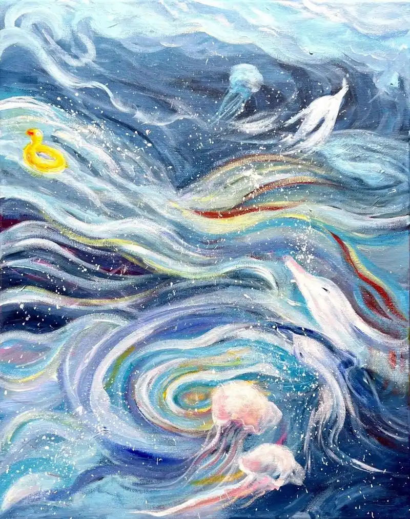 小学生油画丙烯画《深海》作品赏析 这组图是小学生的深海油画作品