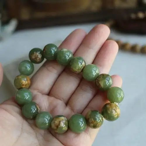 天然玉石保真和田玉河磨析木籽圆珠手链手链