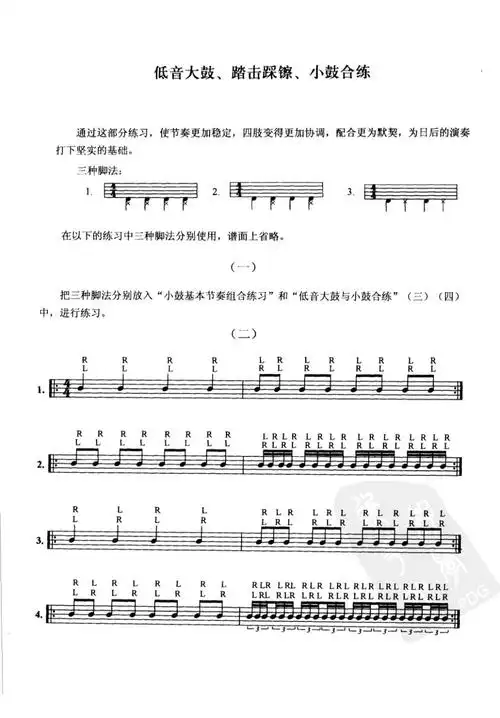 架子鼓低音鼓,小军鼓和踏击踩擦的配合练习