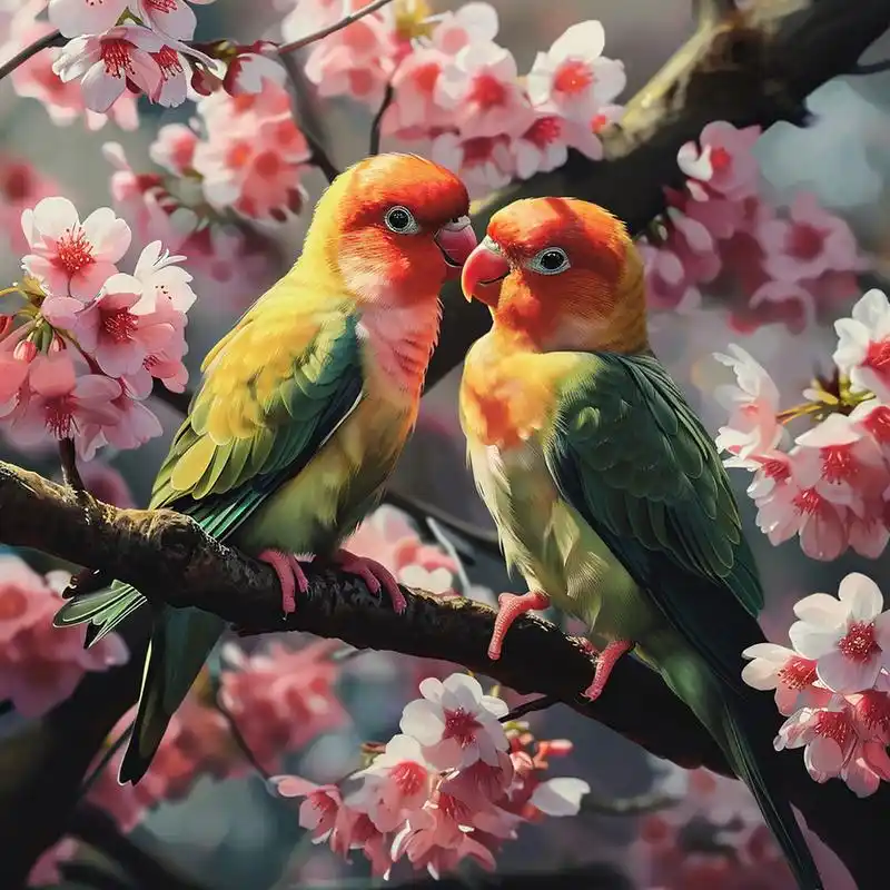 ai作图分享 prompt :一对色彩缤纷的爱情鸟栖息在一棵盛开的樱花树上
