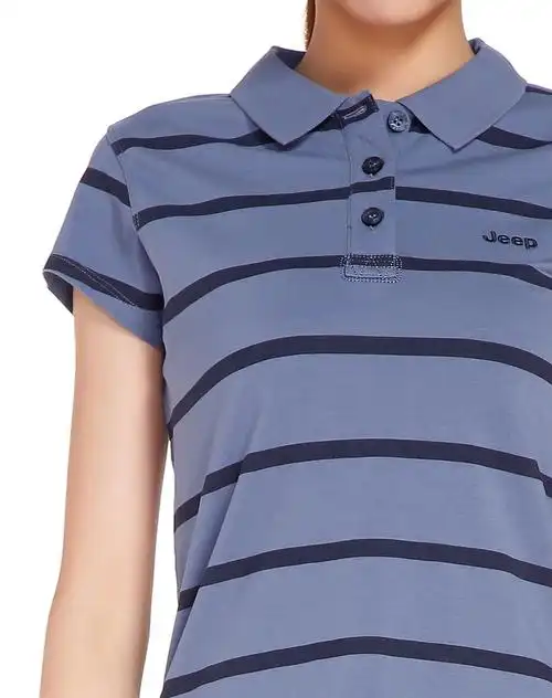 舒适柔软 灰蓝色翻领短袖t恤 经典条纹