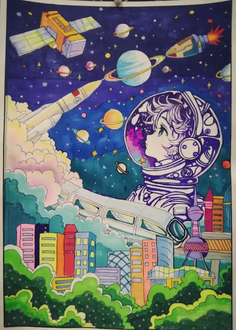 航天科技儿童画.科学幻想画.科技未来主题.航天科技儿童画.科