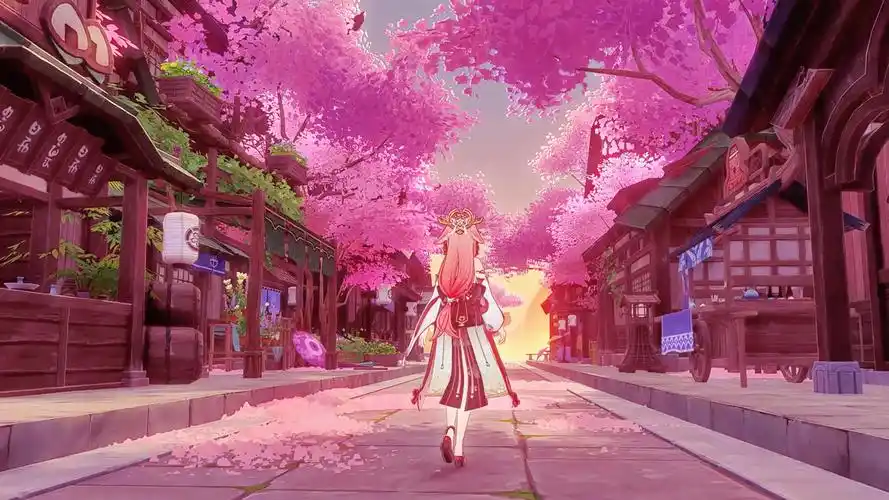 【原神·尘歌壶】"霞日,浪漫与樱花"—樱花落满的街道,霞见滩(附摹本