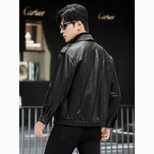 真皮皮衣男士头层牛皮宽松阔版落肩袖时尚机车服皮夹克薄款外套潮