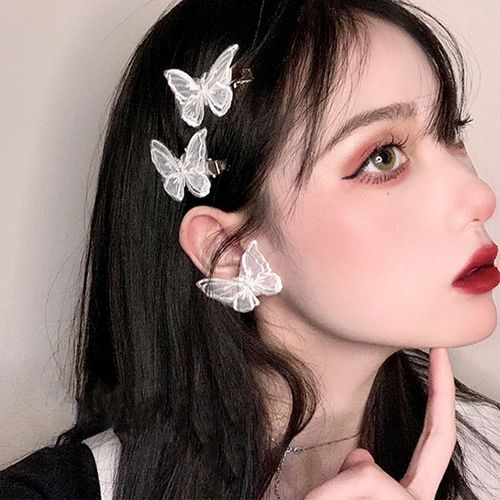 蝴蝶森系仙女耳钉耳环复古新娘超仙头饰白色蕾丝黑色耳夹发夹ins