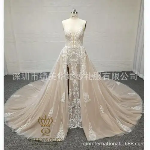 奢华香槟色鱼尾婚纱钉珠蕾丝带钻细肩带结婚礼服开衩带可拆拖尾