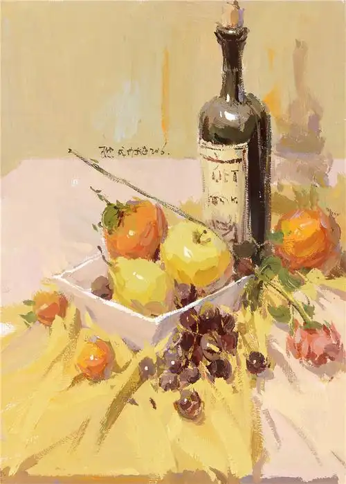 色彩静物红酒果盘范画赏析