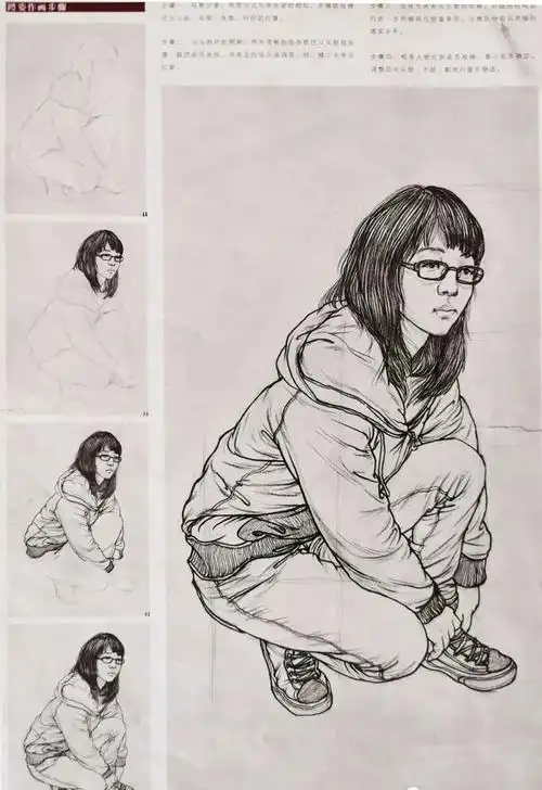 单人组合人物速写临摹范本站坐蹲写生对画校考高考速写人物临摹素材